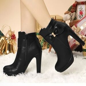 Allegra K Black Heeled Boots with Bow Detail
